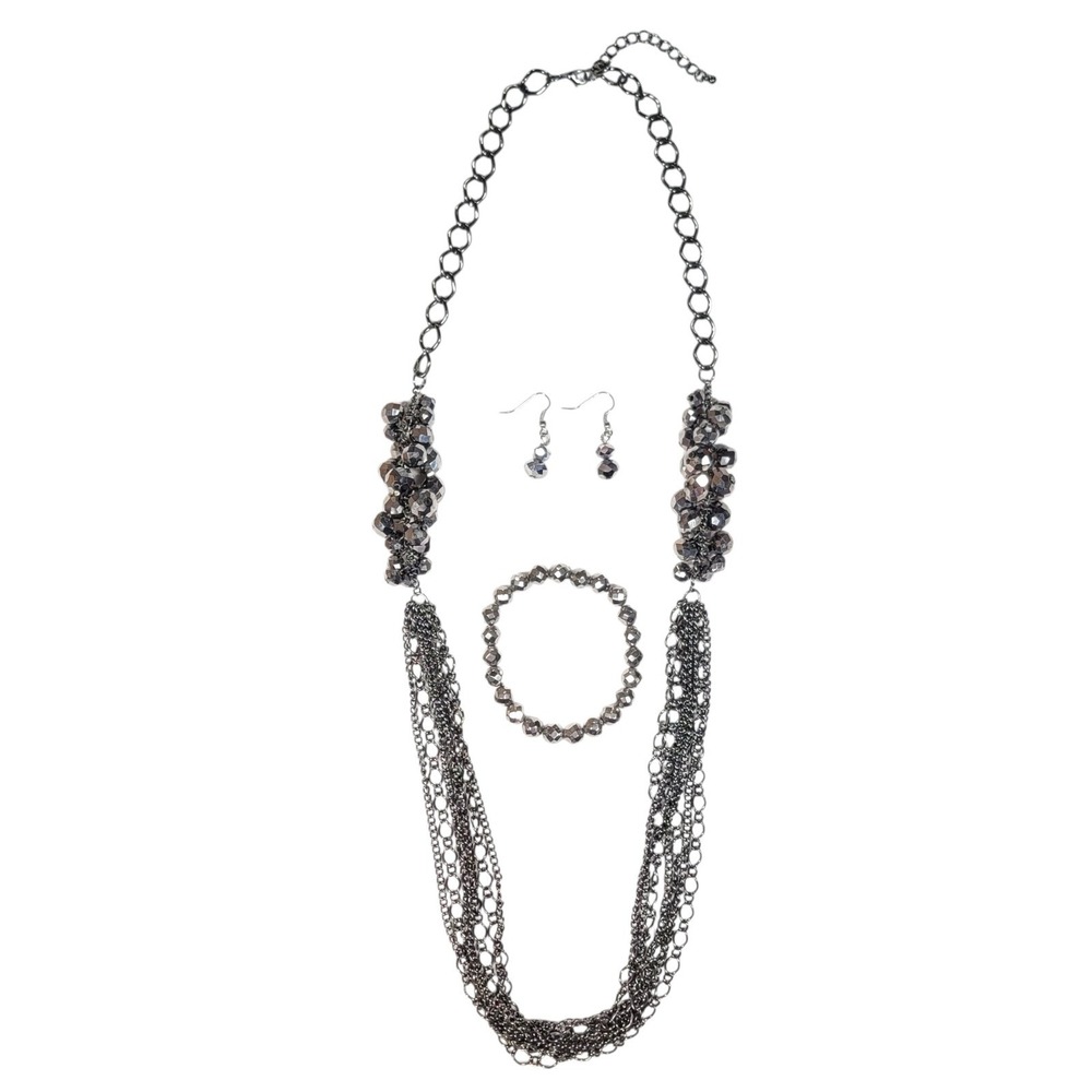 Modern Industrial 3 Pc Gunmetal‎ Jewelry Set Necklace Bracelet Earrings Beaded